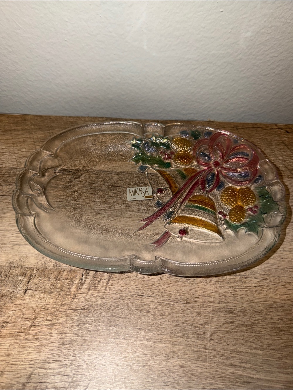 Mikasa Clear Glass Holiday Bell Tray with Red, Green and Gold Accents